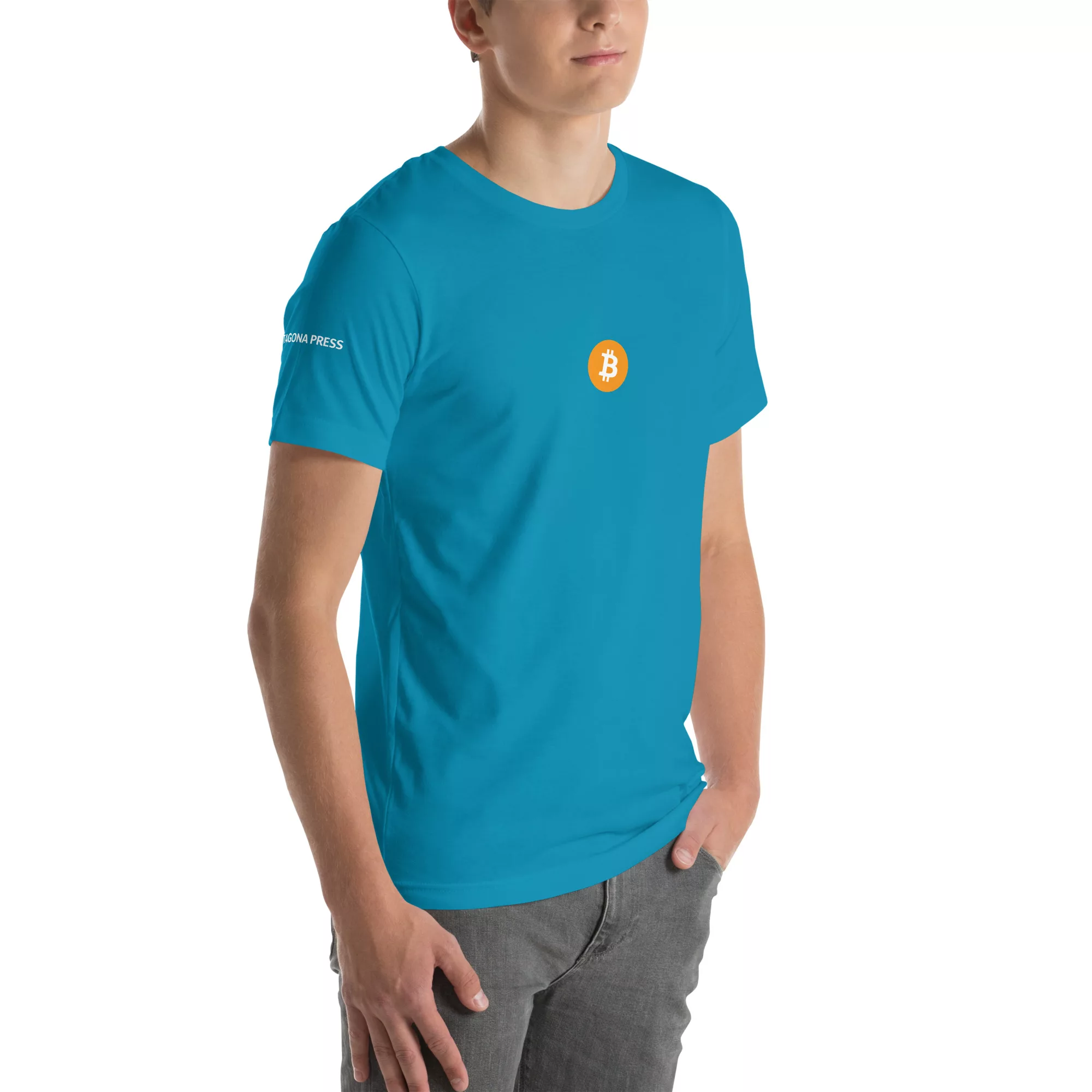 Bitcoin Orange Logo T-Shirt with Tagona Press Branding - Image 60